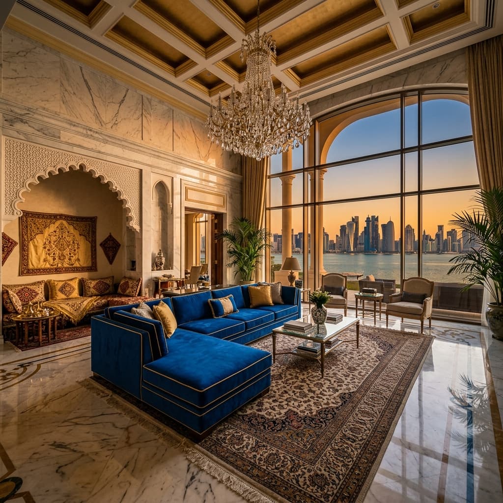 Royal blue velvet sectional sofa beside a gold-embroidered Arabic majlis in a luxurious Doha villa at golden hour with skyline view