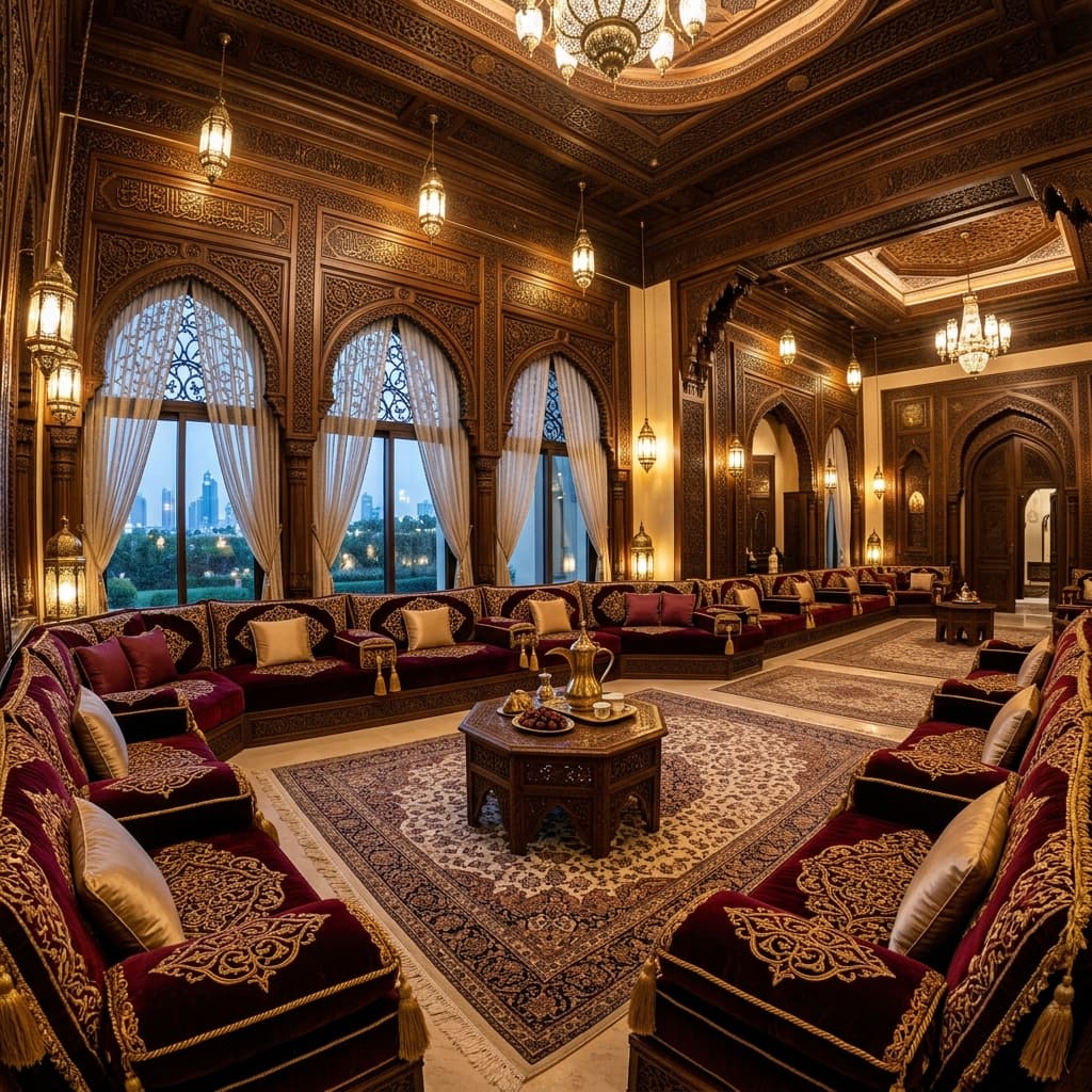 Grand Arabic majlis room with burgundy and gold velvet seating, ornate arabesque panels and traditional lanterns