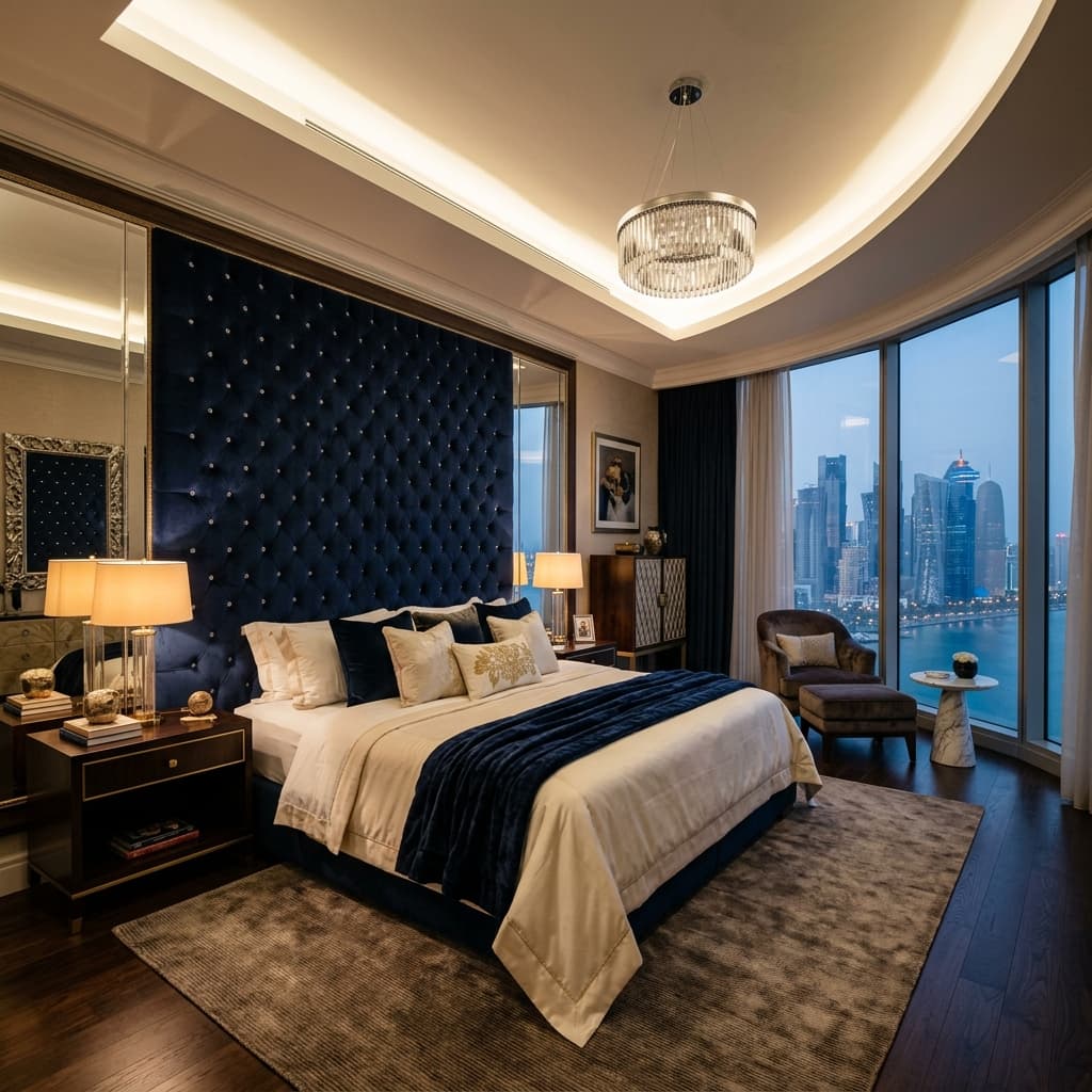Luxury master bedroom with oversized navy blue diamond-tufted velvet headboard and Doha skyline at twilight