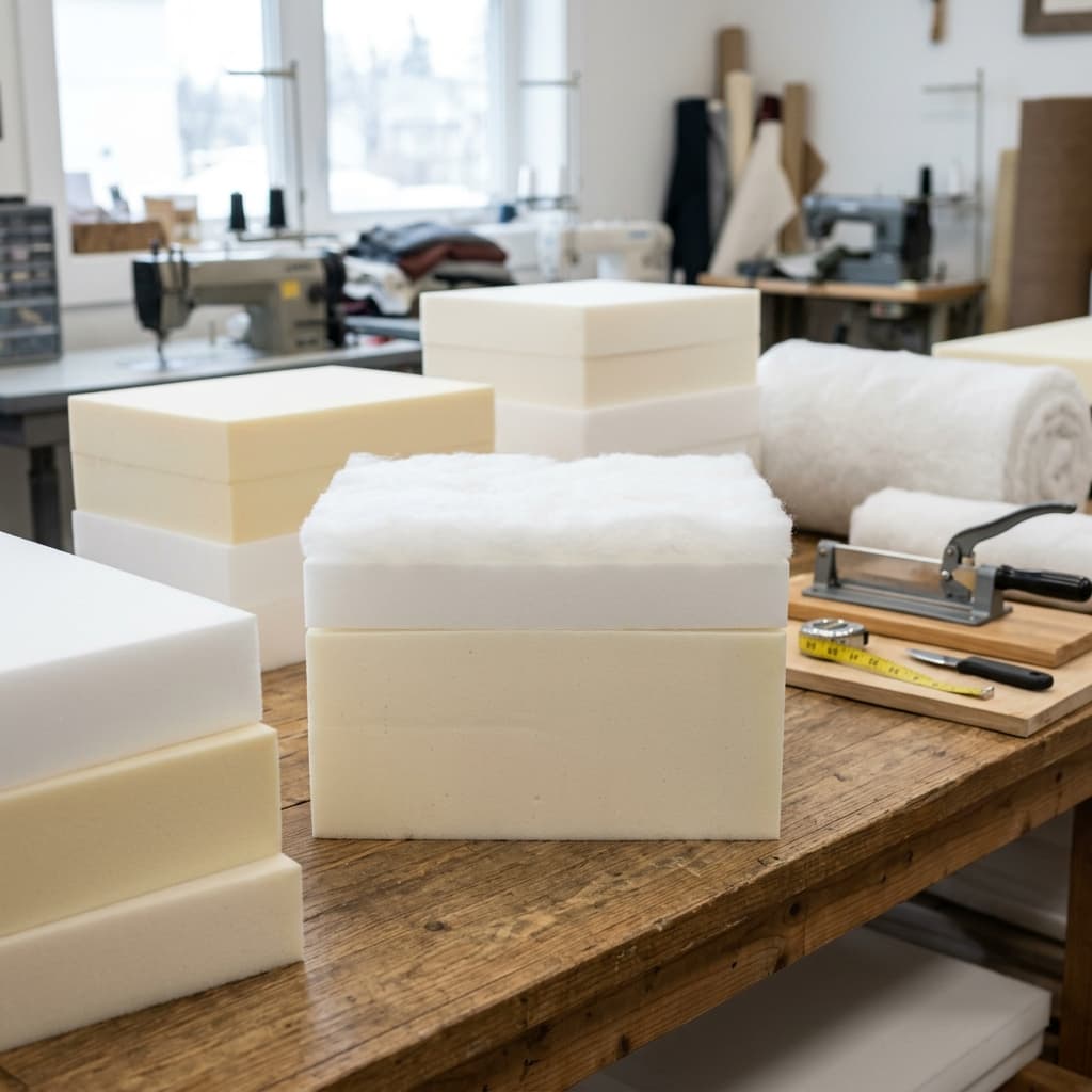 High-density upholstery foam blocks and fiber fill layers on a workshop table