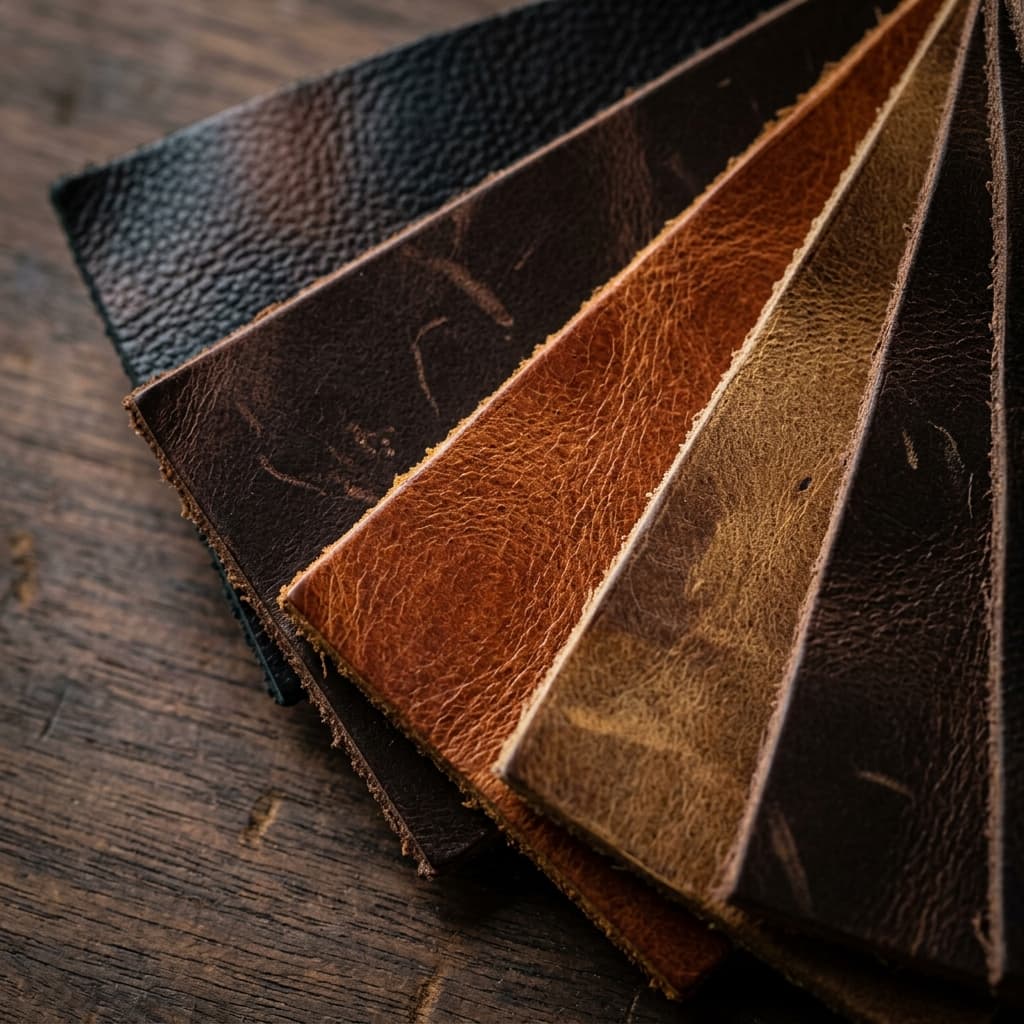 Premium full-grain leather swatches in cognac, brown and black tones fanned on a wooden surface