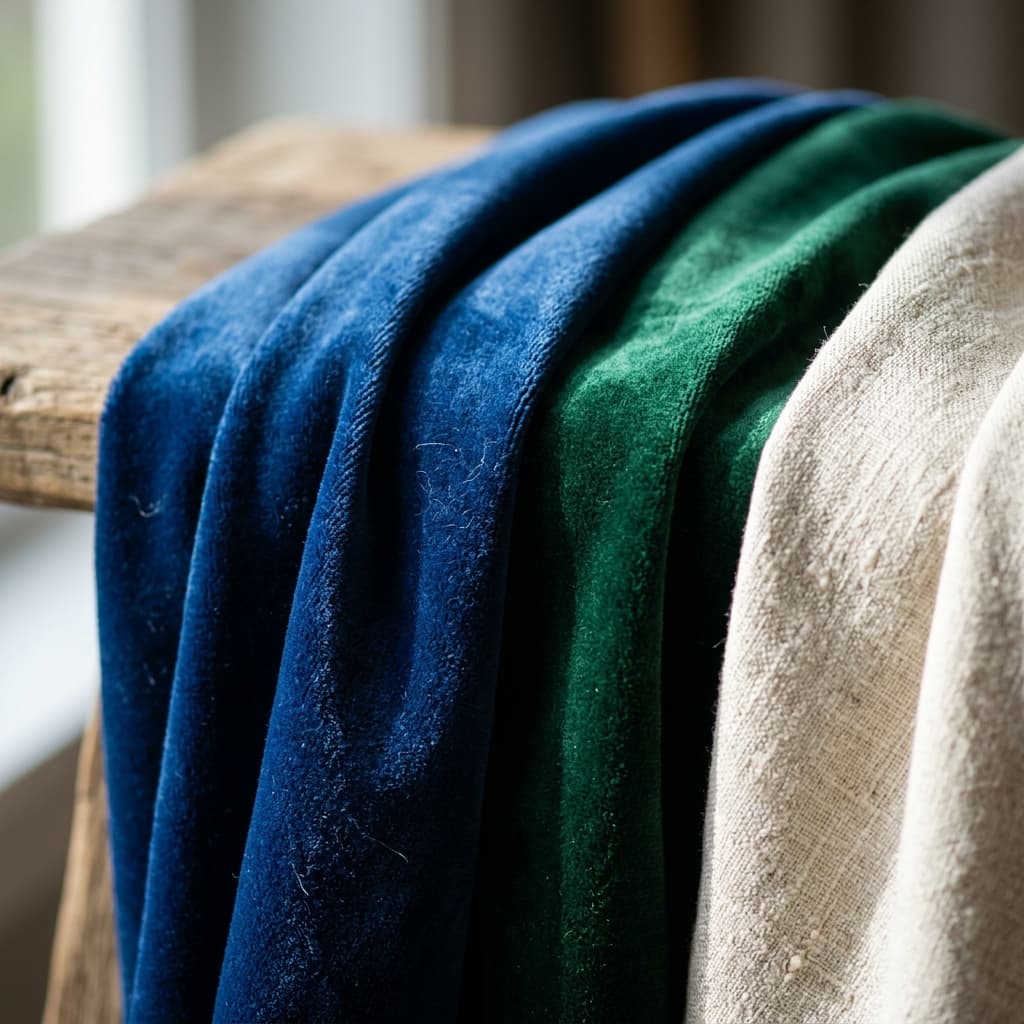 Sapphire blue velvet, emerald green velvet and natural cream linen fabrics draped elegantly