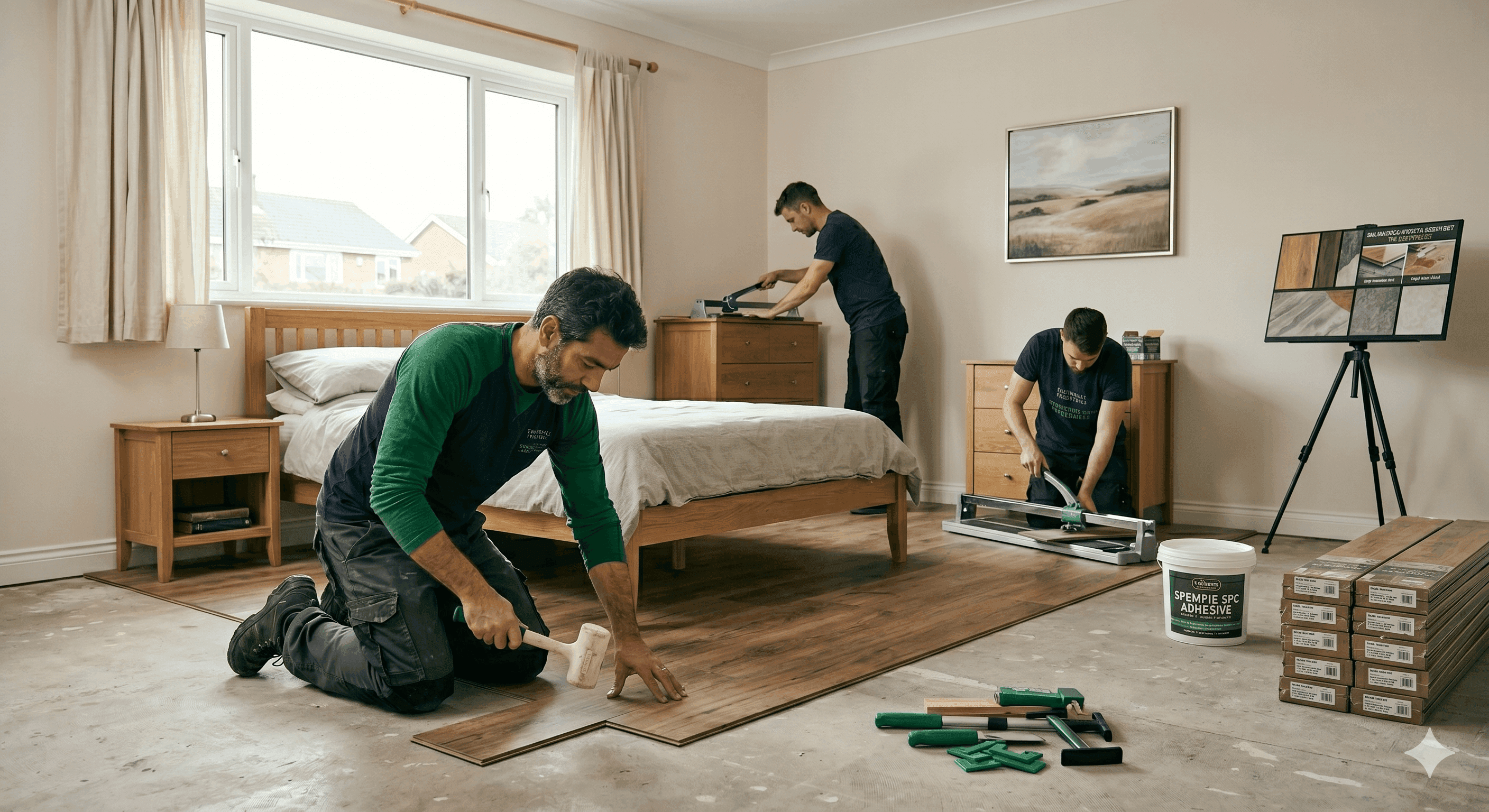 Waterproof SPC vinyl flooring planks installed neatly across a modern room